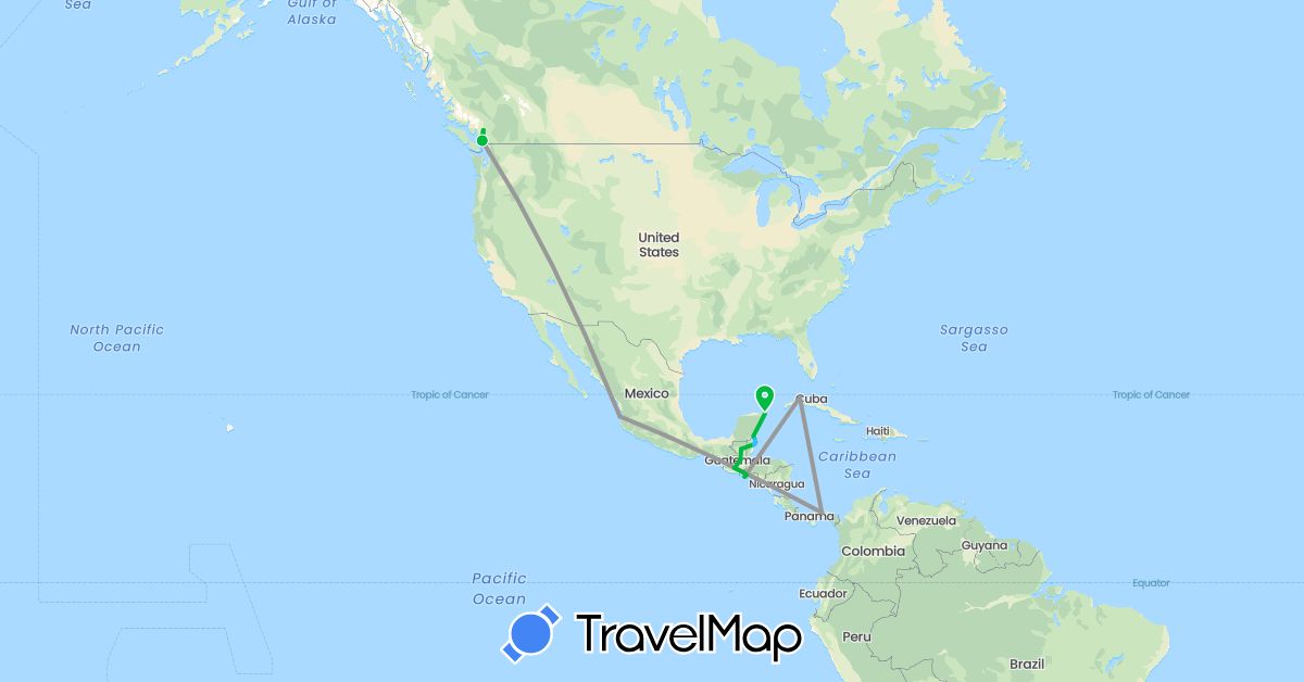 TravelMap itinerary: driving, bus, plane, boat in Belize, Canada, Cuba, Guatemala, Mexico, Panama, El Salvador (North America)